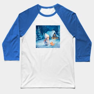 Girl and little fox at Christmas Baseball T-Shirt